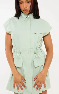 Sage Green Zip Up Pocket Toggle Bodycon Dress