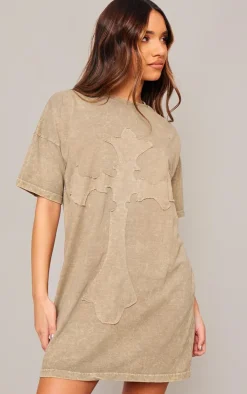 Sage Khaki Acid Wash Cross Applique T Shirt Dress
