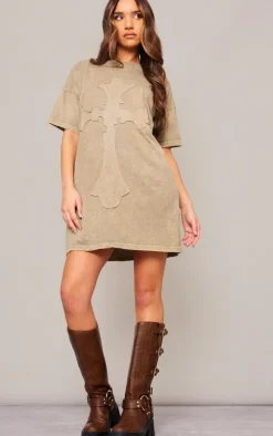 Sage Khaki Acid Wash Cross Applique T Shirt Dress