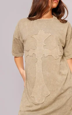 Sage Khaki Acid Wash Cross Applique T Shirt Dress