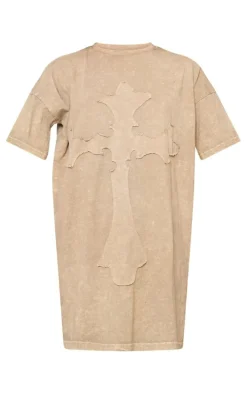 Sage Khaki Acid Wash Cross Applique T Shirt Dress
