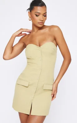 Sage Khaki Bandeau Button Pocket Detail Bodycon Dress
