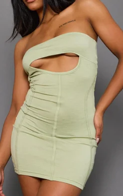 Sage Khaki Binded Cut Out Bandeau Bodycon Dress
