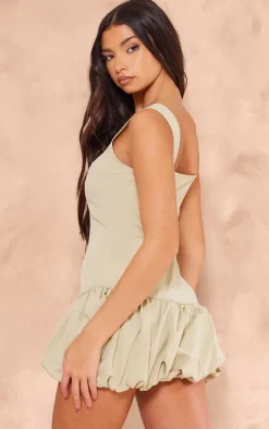 Sage Khaki Button Up Puff Ball Dress