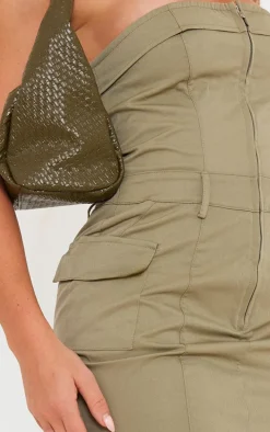 Sage Khaki Cargo Pocket Zip Up Bandeau Bodycon Dress