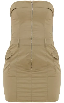 Sage Khaki Cargo Pocket Zip Up Bandeau Bodycon Dress