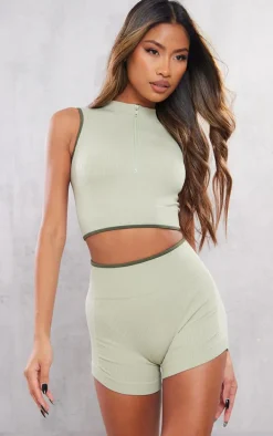 Sage Khaki Contrast Snatched Rib Zip Neck Top