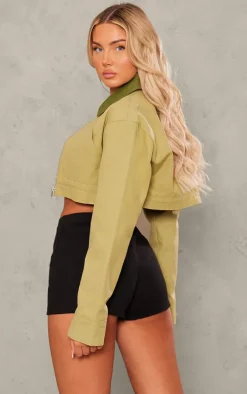 Sage Khaki Cotton Feel Contrast Collar Crop Jacket