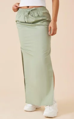 Sage Khaki Cotton Poplin Split Side Drawstring Waist Midaxi Skirt