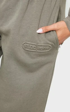 Sage Khaki Embossed Studio Archives Wide Leg Sweatpants