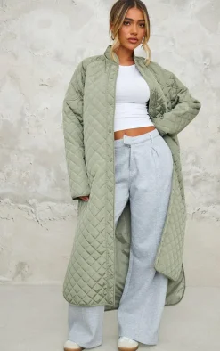 Sage Khaki Maxi Quilted Coat