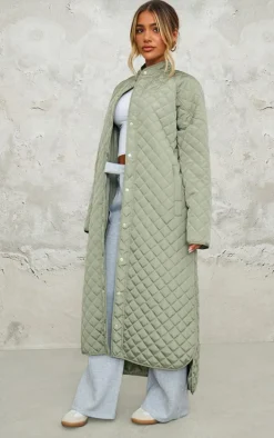 Sage Khaki Maxi Quilted Coat