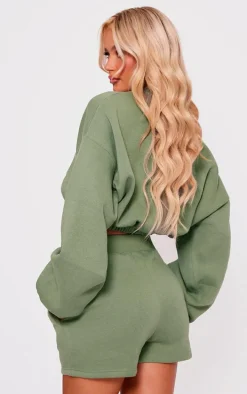 Sage Khaki Oversized Cinched Cropped Sweatshirt