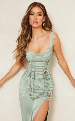 Sage Khaki Satin Lace Up Front Detail Sleeveless Corset