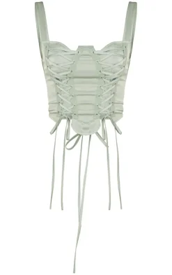 Sage Khaki Satin Lace Up Front Detail Sleeveless Corset