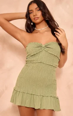 Sage Khaki Shirred Frill Bandeau Shift Dress