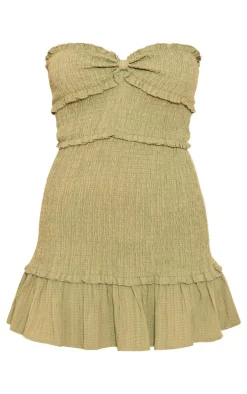 Sage Khaki Shirred Frill Bandeau Shift Dress