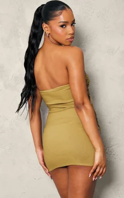 Sage Khaki Stretch Woven Bandeau Lace Up Corset Bodycon Dress