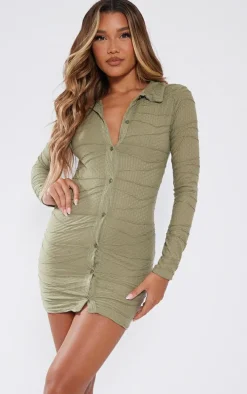 Sage Khaki Textured Button Down Polo Collar Shirt Dress