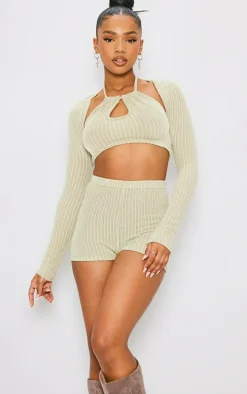 Sage Khaki Textured Rib Halterneck Keyhole Crop Top With Shrug