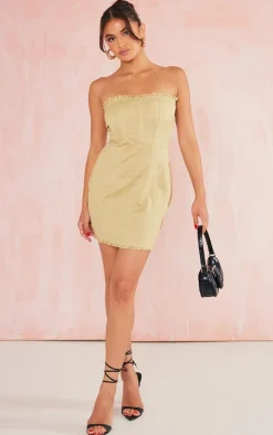 Sage Linen Look Bandeau Binding Detail Frayed Hem Bodycon Dress