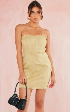 Sage Linen Look Bandeau Binding Detail Frayed Hem Bodycon Dress