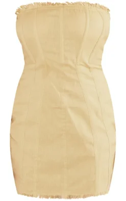 Sage Linen Look Bandeau Binding Detail Frayed Hem Bodycon Dress