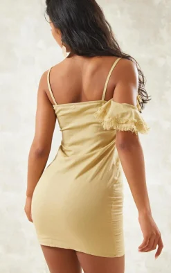 Sage Linen Look Frayed Trim Detail Strappy Bodycon Dress