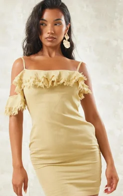 Sage Linen Look Frayed Trim Detail Strappy Bodycon Dress