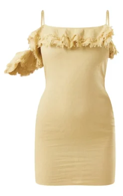 Sage Linen Look Frayed Trim Detail Strappy Bodycon Dress