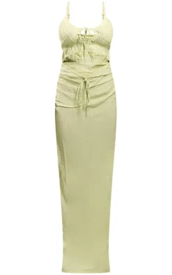 Sage Linen Look Shirred Bust Cut Out Ruched Strappy Maxi Dress