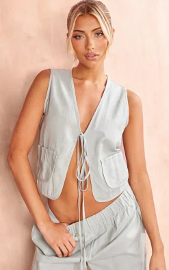 Sage Linen Look Tie Front Vest