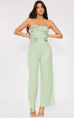 Sage Mesh Overlay Bandeau Rose Applique Jumpsuit