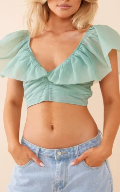 Sage Organza Extreme Plunge Ruched Crop Top