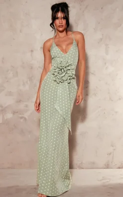 Sage Polka Dot Satin Rose Detail Maxi Dress