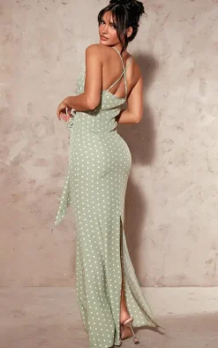Sage Polka Dot Satin Rose Detail Maxi Dress