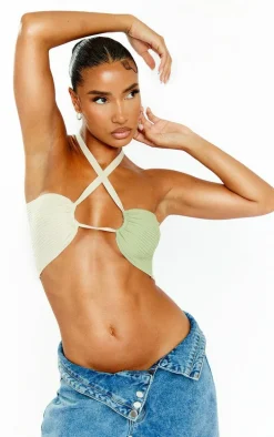 Sage Rib Knit Contrast Panel Bandeau Top