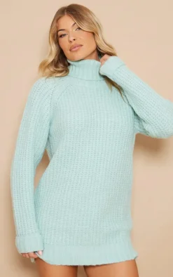 Sage Rolled Neck Super Chunky Knit Sweater Dress