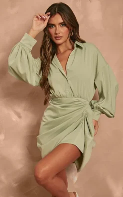 Sage Satin Drape Skirt Oversized Sleeve Shirt Dress