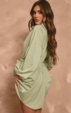 Sage Satin Drape Skirt Oversized Sleeve Shirt Dress