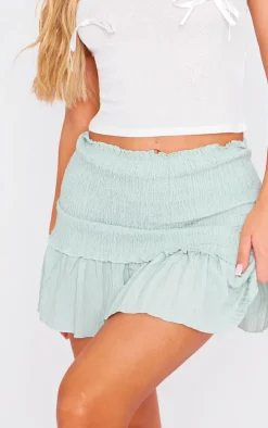 Sage Shirred Waistband Crinkle Woven Mini Skirt