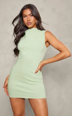 Sage Stretch Woven High Neck Mini Dress