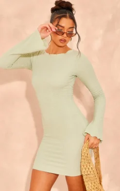Sage Textured Backless Long Sleeve Bodycon Dress