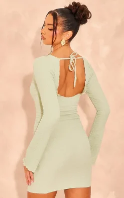 Sage Textured Backless Long Sleeve Bodycon Dress