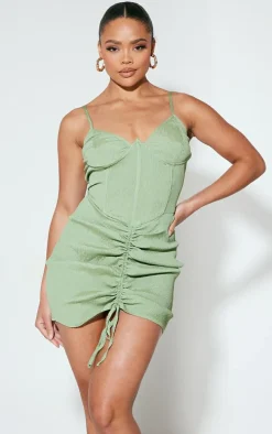 Sage Textured Boning Detail Underwired Ruched Bodycon Dress