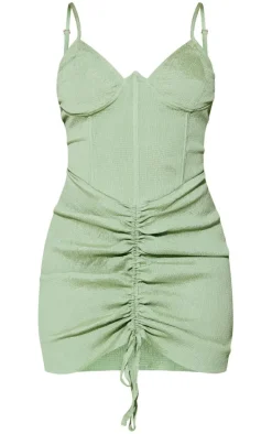 Sage Textured Boning Detail Underwired Ruched Bodycon Dress