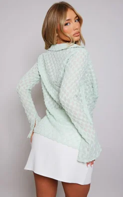 Sage Textured Woven Plunge Split Sleeve Shirt