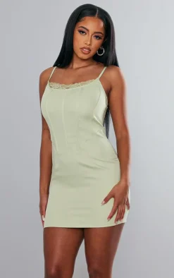 Sage Woven Corset Lace Trim Strappy Bodycon Dress