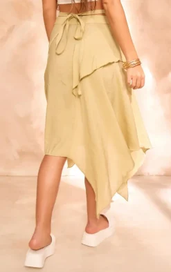 Sage Woven Handkerchief Hem Asymmetric Midi Skirt