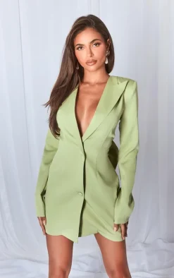 Sage Woven Long Sleeve Bow Detail Blazer Dress